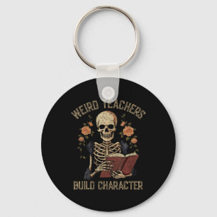 Funny Skeleton Book Floral Skull Halloween Teacher Key Ring