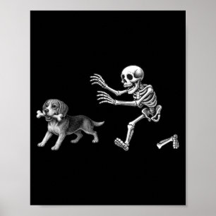 Funny Skeleton Chasing Beagle Dog Halloween Dogs Poster