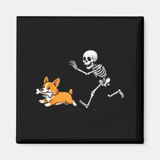 Funny Skeleton Chasing Corgi Halloween Dog Mum Pet Magnet (Front)