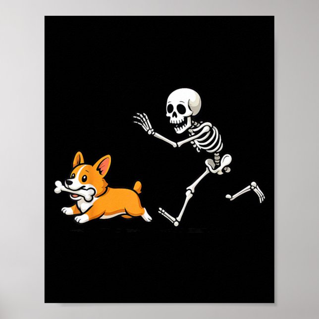 Funny Skeleton Chasing Corgi Halloween Dog Mum Pet Poster (Front)
