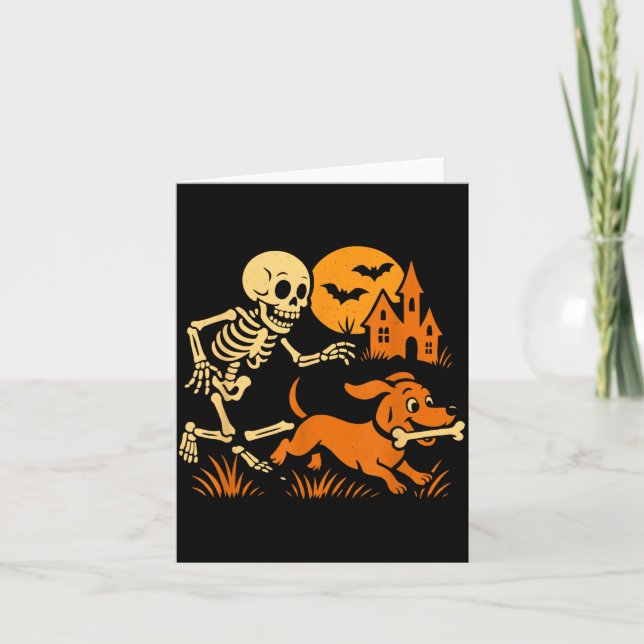 Funny Skeleton Chasing Dachshund Dog Funny Card (Front)
