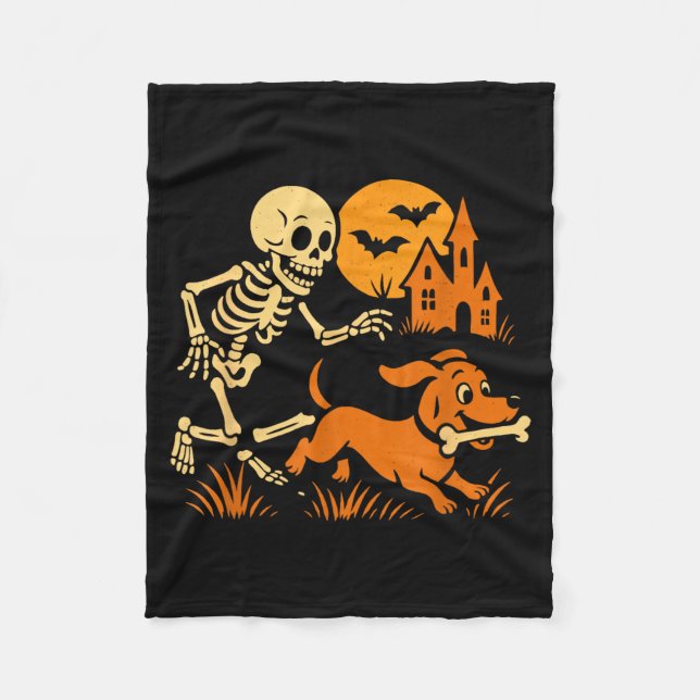 Funny Skeleton Chasing Dachshund Dog Funny Fleece Blanket (Front)