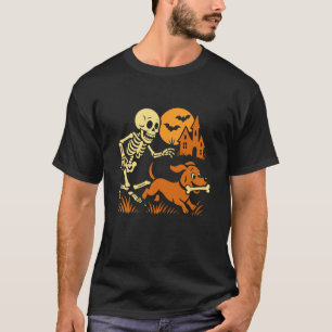 Funny Skeleton Chasing Dachshund Dog Funny Hallowe T-Shirt