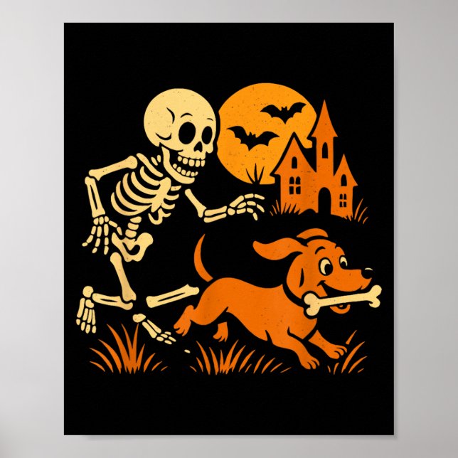 Funny Skeleton Chasing Dachshund Dog Funny Poster (Front)