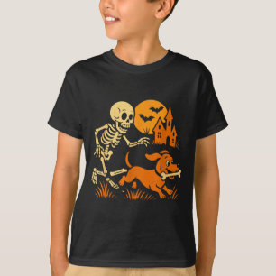 Funny Skeleton Chasing Dachshund Dog Funny T-Shirt