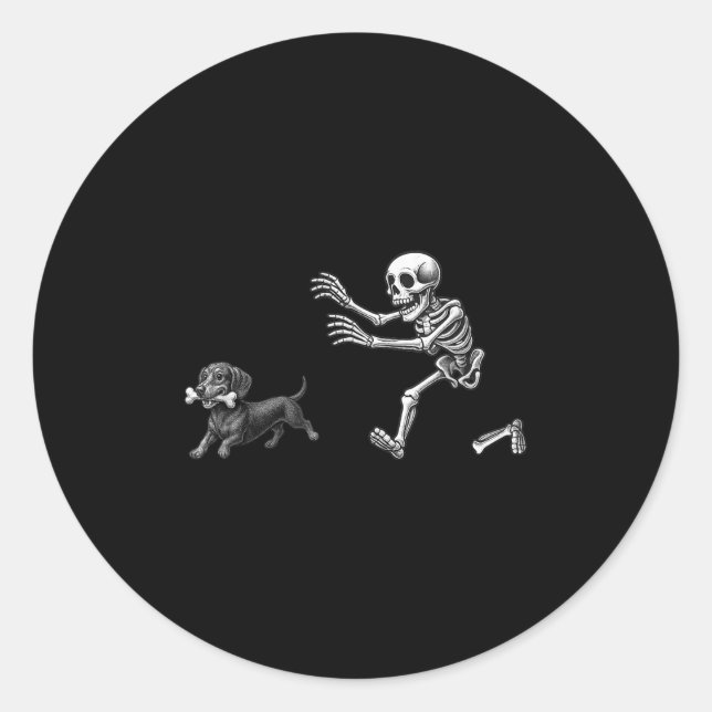 Funny Skeleton Chasing Dachshund Dog Halloween Dog Classic Round Sticker (Front)