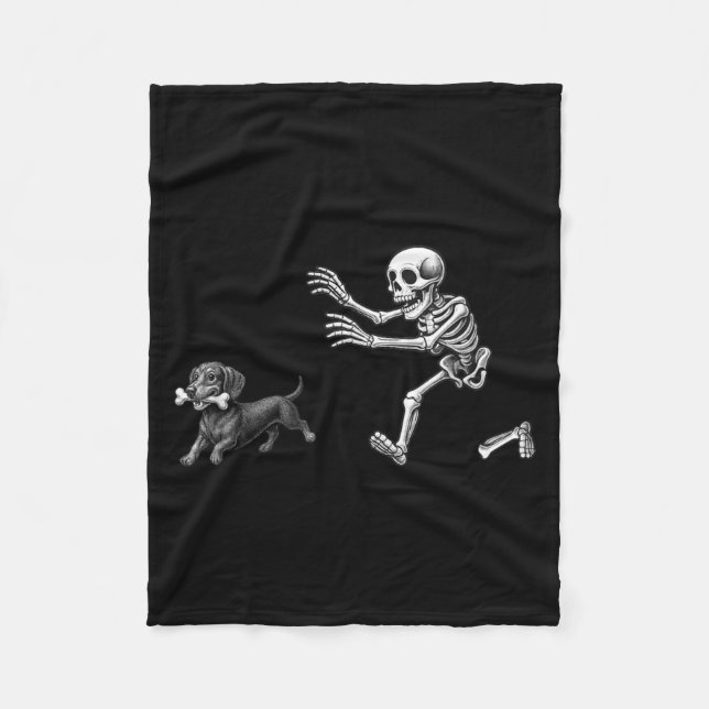 Funny Skeleton Chasing Dachshund Dog Halloween Fleece Blanket (Front)