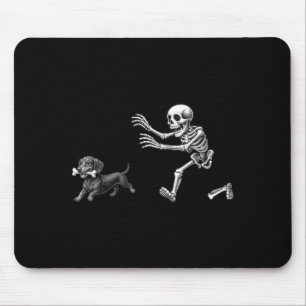 Funny Skeleton Chasing Dachshund Dog Halloween Mouse Pad