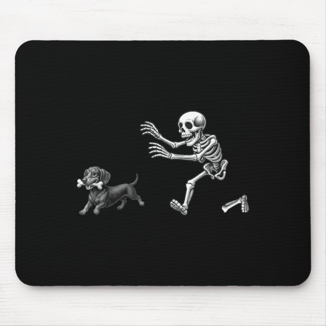 Funny Skeleton Chasing Dachshund Dog Halloween Mouse Pad (Front)