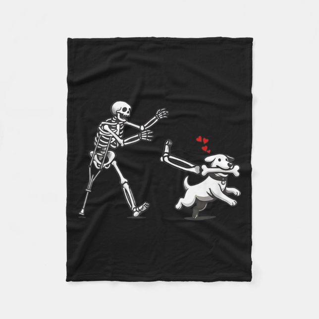 Funny Skeleton Chasing Dog Funny Dog Halloween Fleece Blanket (Front)