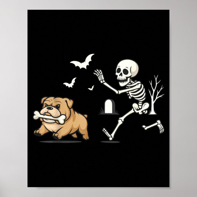 Funny Skeleton Chasing French Bulldog Halloween Poster (Front)