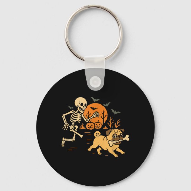 Funny Skeleton Chasing Pug Halloween Costume Dog Key Ring (Front)