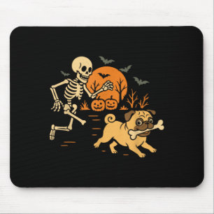 Funny Skeleton Chasing Pug Halloween Costume Dog Mouse Pad