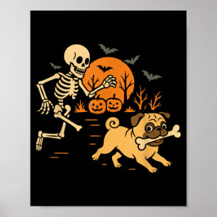 Funny Skeleton Chasing Pug Halloween Costume Dog Poster
