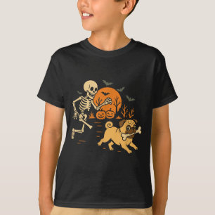 Funny Skeleton Chasing Pug Halloween Costume Dog T-Shirt