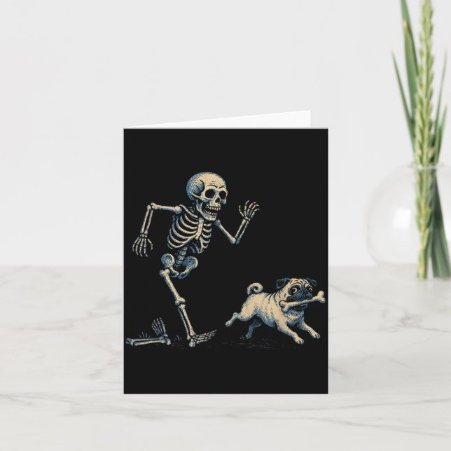 Funny Skeleton Chasing Pug Halloween Dog Mum Pug Card (Front)