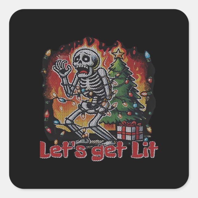 Funny Skeleton Christmas Let's Get Lit Classic Square Sticker (Front)