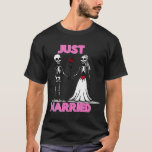 Funny Skeleton Couple Just Married Gothic Wedding T-Shirt<br><div class="desc">Celebrate love that lasts an eternity with this fun "Just Married" t-shirt. This cartoon-style illustration features a skeleton bride and groom holding a red rose, proving that love truly is 'til death... and beyond. It’s the perfect humourous outfit for a gothic-themed honeymoon, an anniversary, or for any couple who shares...</div>