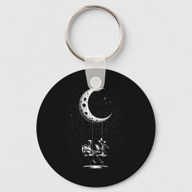 Funny Skeleton Couple Moon Playing Guitar Hallowee Key Ring (Front)