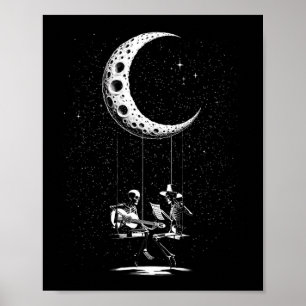 Funny Skeleton Couple Moon Playing Guitar Hallowee Poster