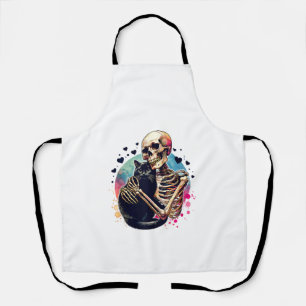 Funny Skeleton Cuddling With a Cat Watercolor Skul Apron