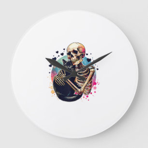 Funny Skeleton Cuddling With a Cat Watercolor Skul Large Clock