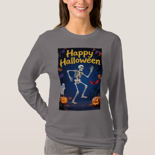 Funny Skeleton Dancing with "Happy Halloween" Bann T-Shirt