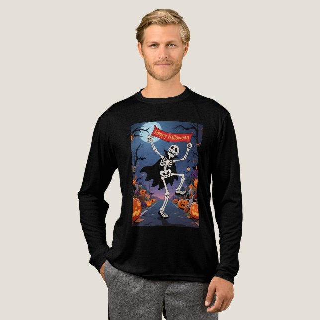 Funny Skeleton Dancing with "Happy Halloween" Bann Tri-Blend Shirt (Full Front)