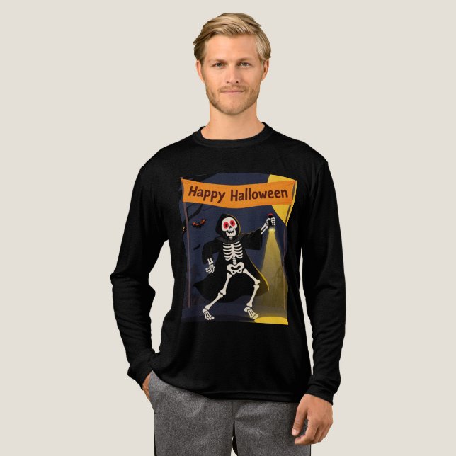Funny Skeleton Dancing with "Happy Halloween" Bann Tri-Blend Shirt (Full Front)