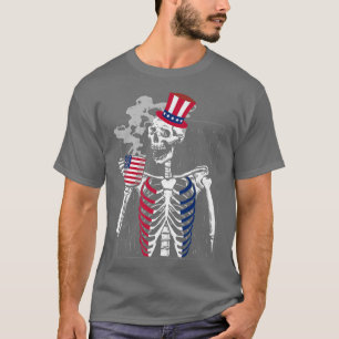 Funny Skeleton Drinking Coffee & American Flag 4th T-Shirt