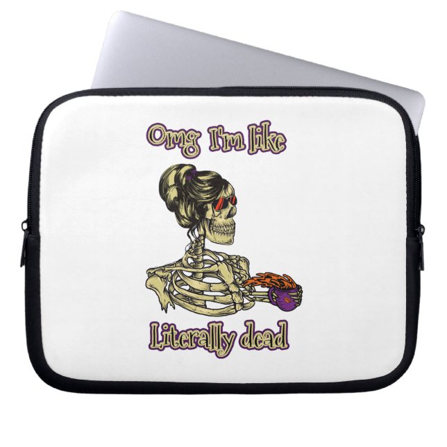 Funny Skeleton Drinking I'm literally Dead Coffee Laptop Sleeve (Front)