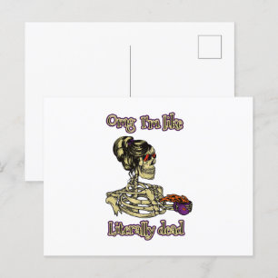 Funny Skeleton Drinking I'm literally Dead Coffee Postcard