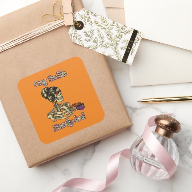 Funny Skeleton Drinking I'm literally Dead Coffee Square Sticker (Gifting)