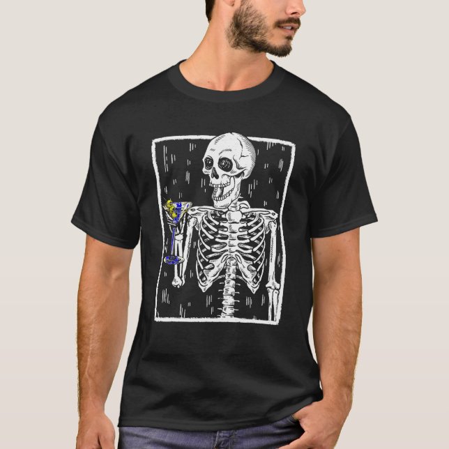 Funny Skeleton Drinking Martini Cocktail Halloween T-Shirt (Front)