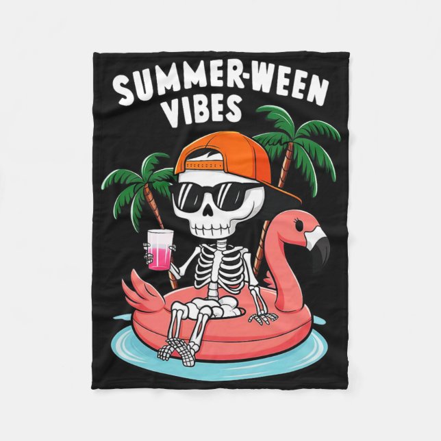 Funny Skeleton Flamingo Summerween Vibes Halloween Fleece Blanket (Front)