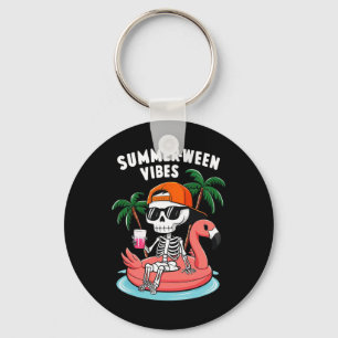 Funny Skeleton Flamingo Summerween Vibes Halloween Key Ring