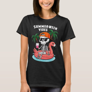 Funny Skeleton Flamingo Summerween Vibes Halloween T-Shirt