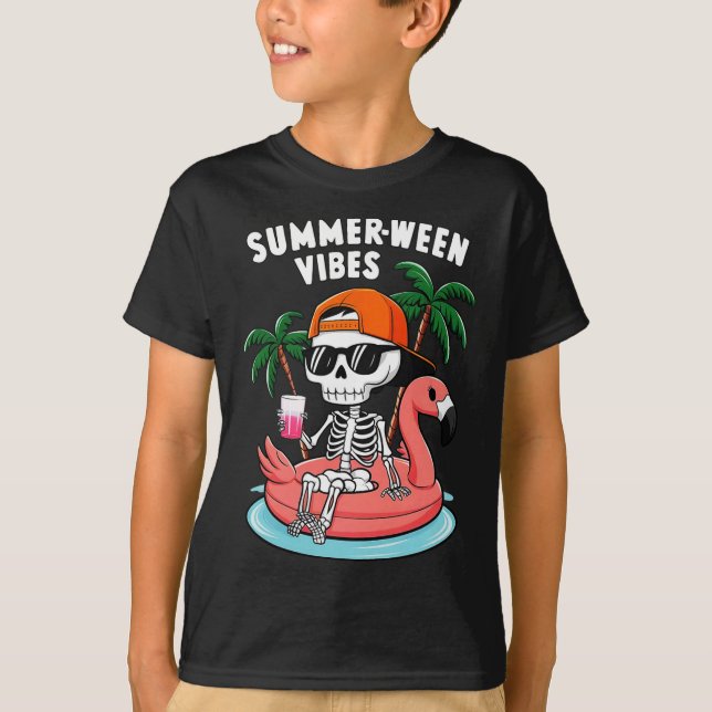 Funny Skeleton Flamingo Summerween Vibes Halloween T-Shirt (Front)