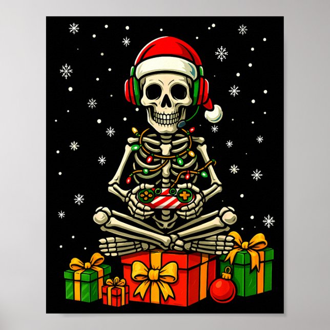 Funny Skeleton Game Controller Xmas Lights Men Wom Poster (Front)