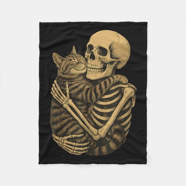 Funny Skeleton Hugging Cat Halloween Cat Lover Cat Fleece Blanket (Front)