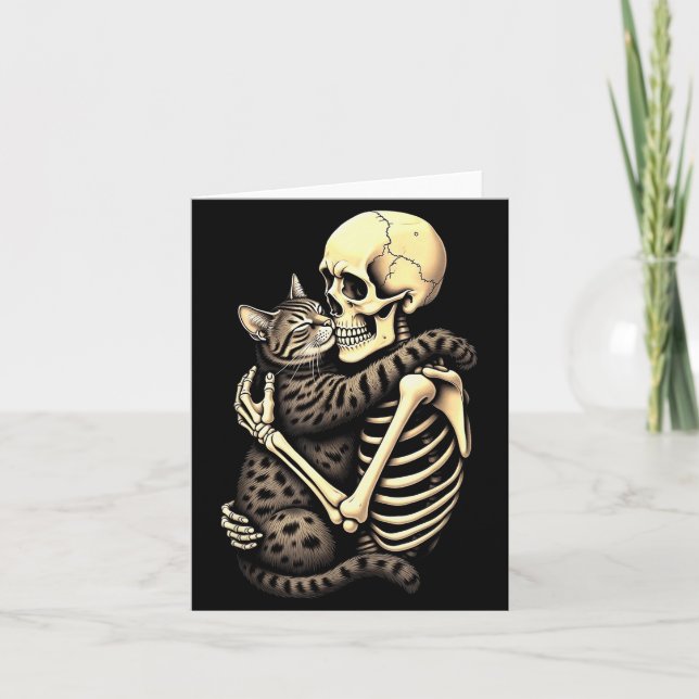 Funny Skeleton Hugging Cat Halloween Cat Lover Mom Card (Front)