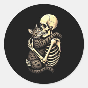 Funny Skeleton Hugging Cat Halloween Cat Lover Mom Classic Round Sticker