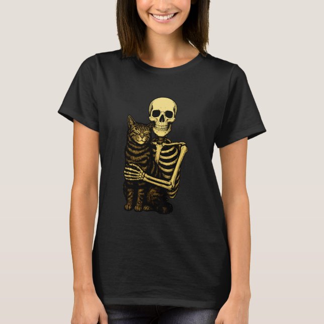 Funny Skeleton Hugging Cute Black Cat Halloween Mo T-Shirt (Front)