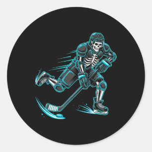 Funny Skeleton Ice Hockey Player Halloween Classic Round Sticker