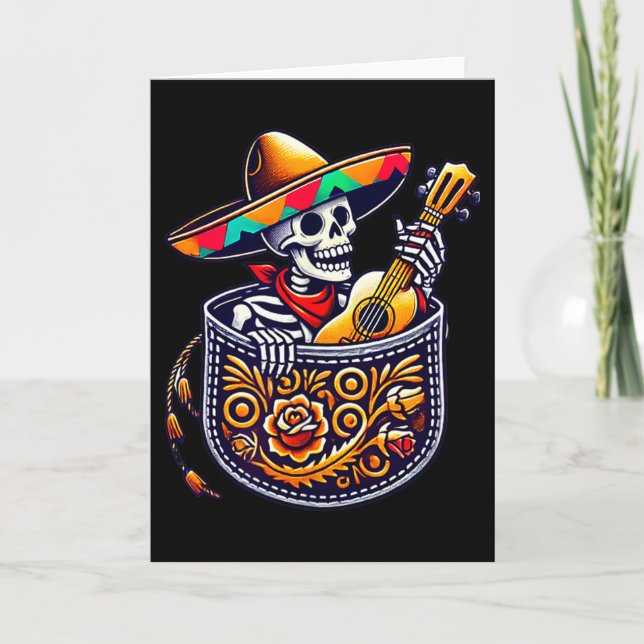 Funny Skeleton Mariachi Guitar Pocket Cinco De May Card (Front)
