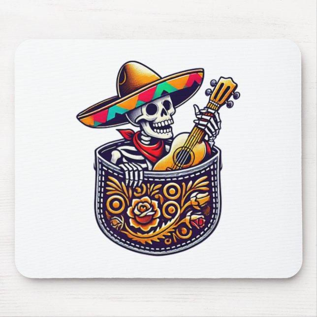 Funny Skeleton Mariachi Guitar Pocket Cinco De May Mouse Pad (Front)
