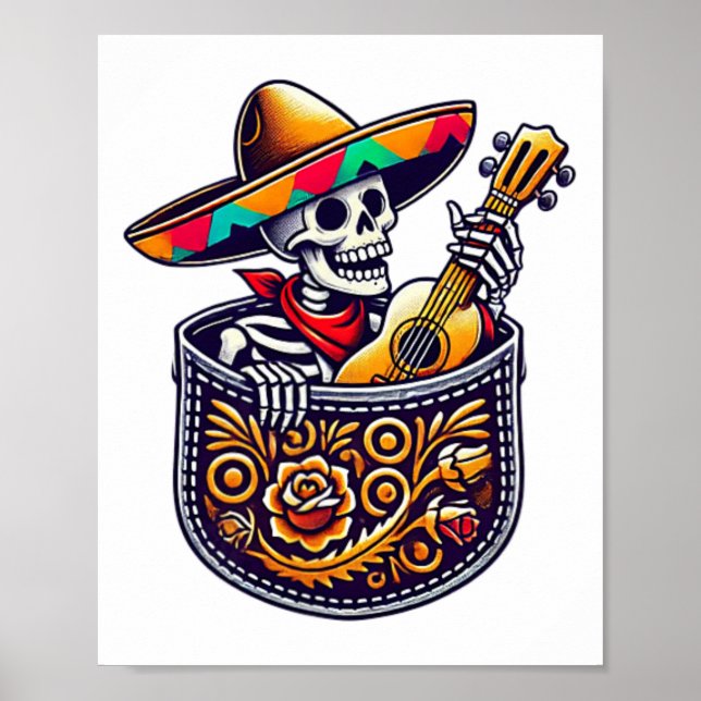 Funny Skeleton Mariachi Guitar Pocket Cinco De May Poster (Front)