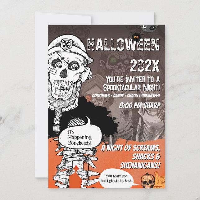 Funny Skeleton Mic Halloween Bash Invitation (Front)