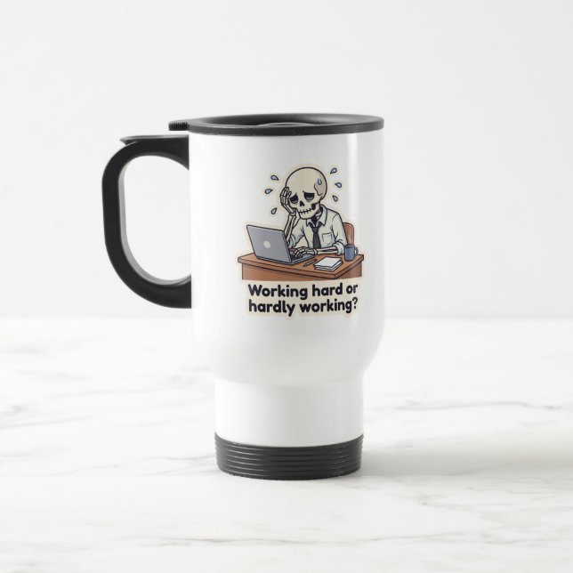 Funny Skeleton Office Burnout Travel Mug (Left)