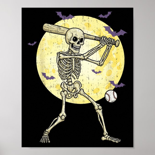 Funny Skeleton Playing Baseball Funny Halloween Me Poster (Front)